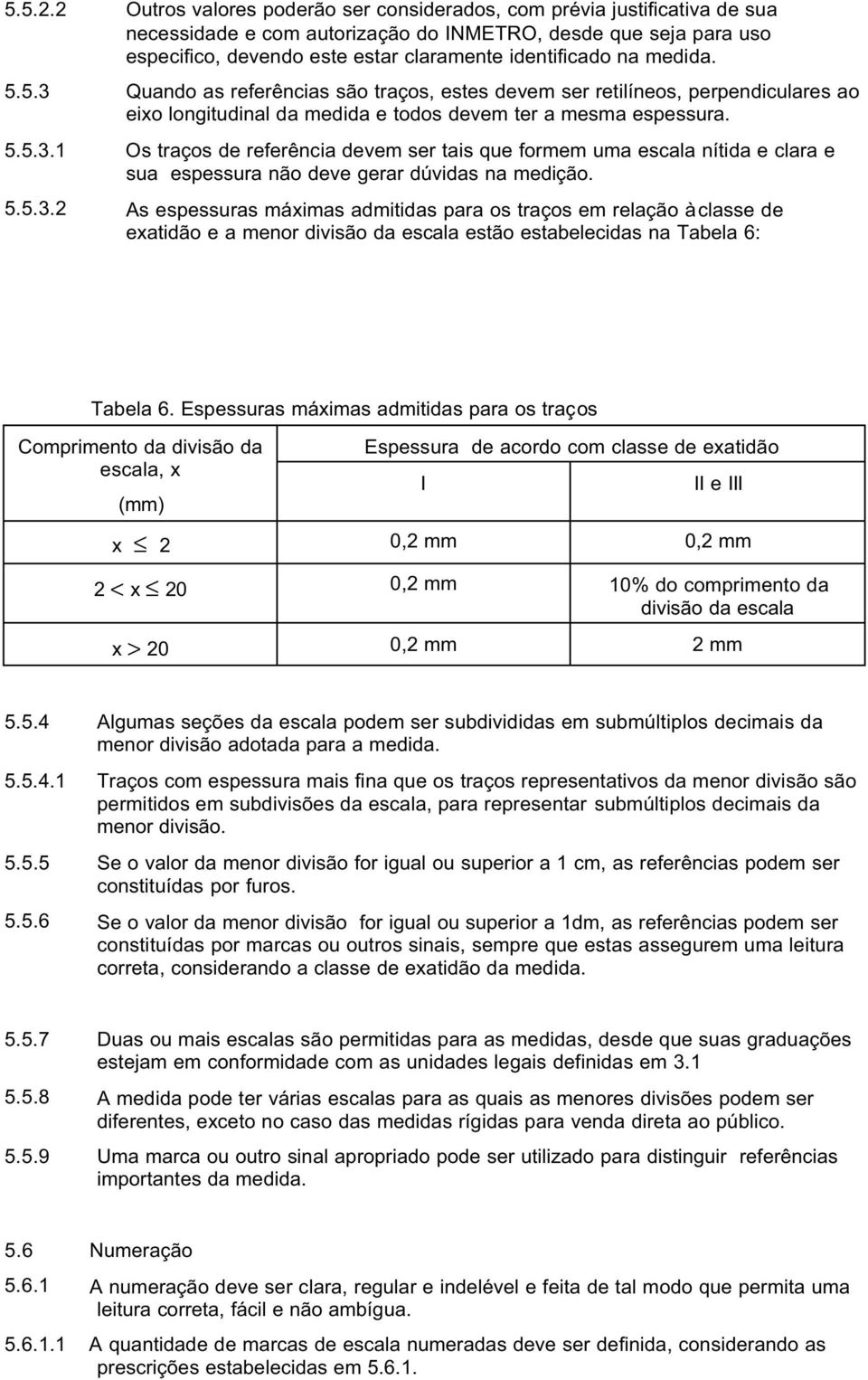 medida. 5.5.3 Quando as referências são traços, estes devem ser retilíneos, perpendiculares ao eixo longitudinal da medida e todos devem ter a mesma espessura. 5.5.3.1 Os traços de referência devem ser tais que formem uma escala nítida e clara e sua espessura não deve gerar dúvidas na medição.