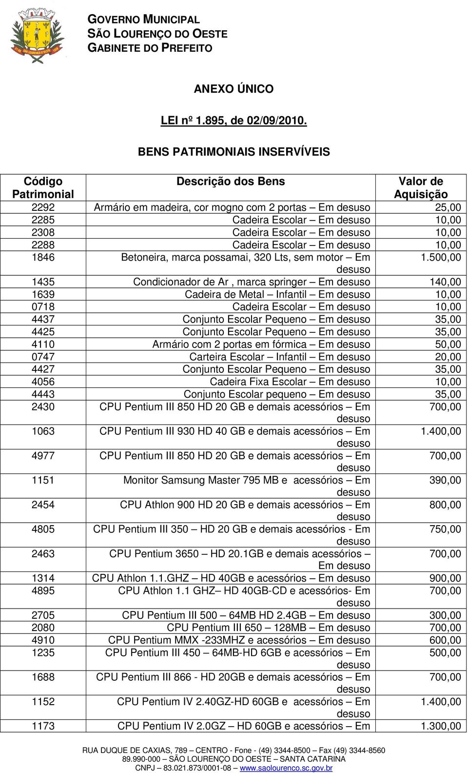 10,00 2288 Cadeira Escolar Em 10,00 1846 Betoneira, marca possamai, 320 Lts, sem motor Em 1.