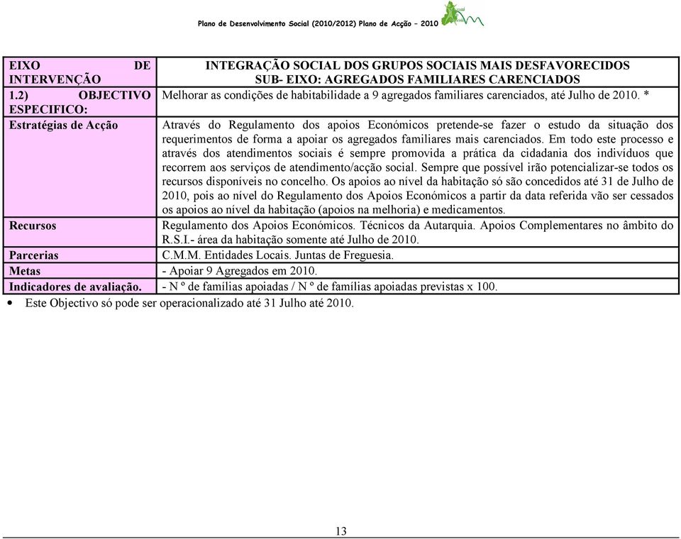 agregados familiares carenciados, até Julho de 2010.