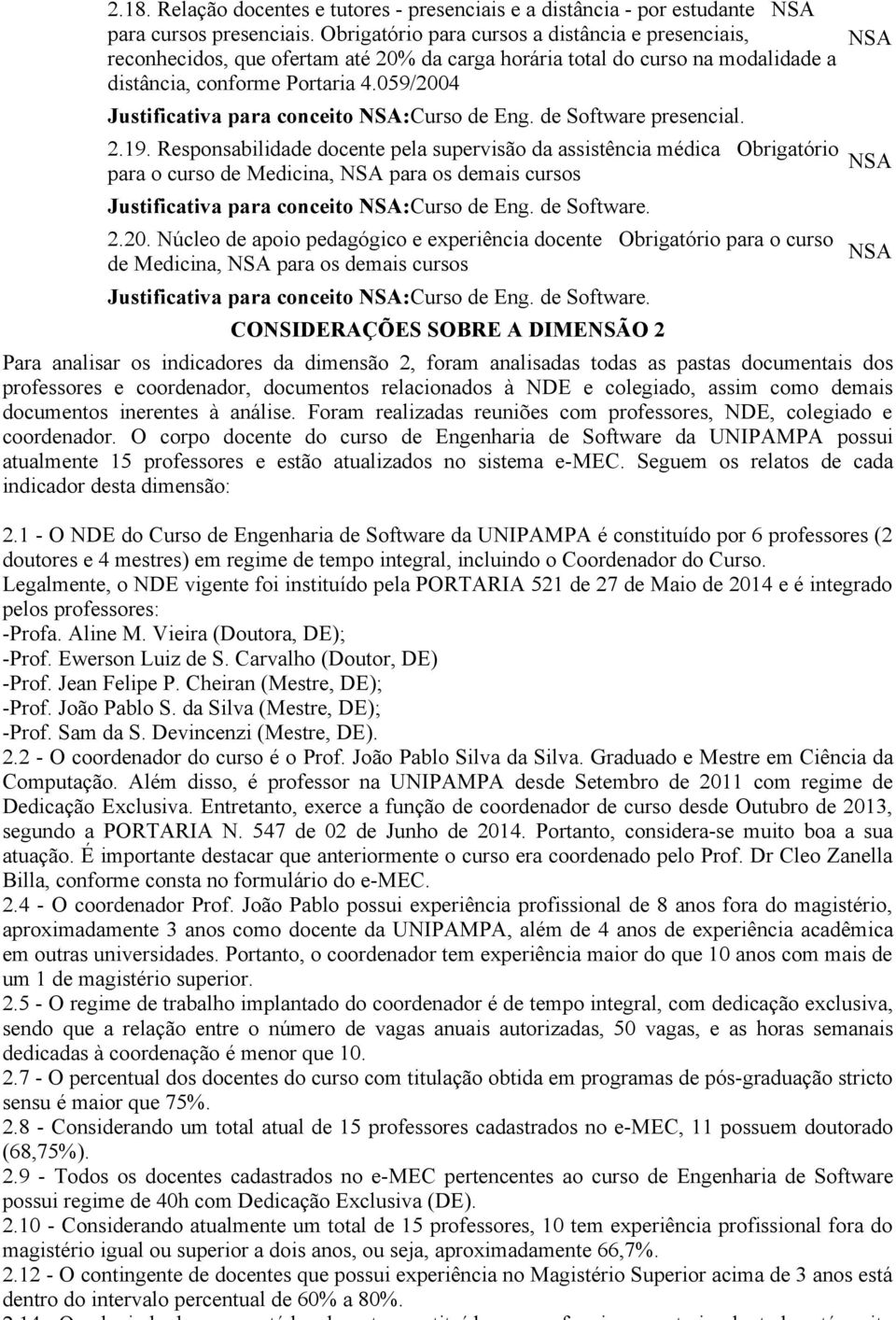 09/200 Justificativa para conceito :Curso de Eng. de Software presencial. 2.19.