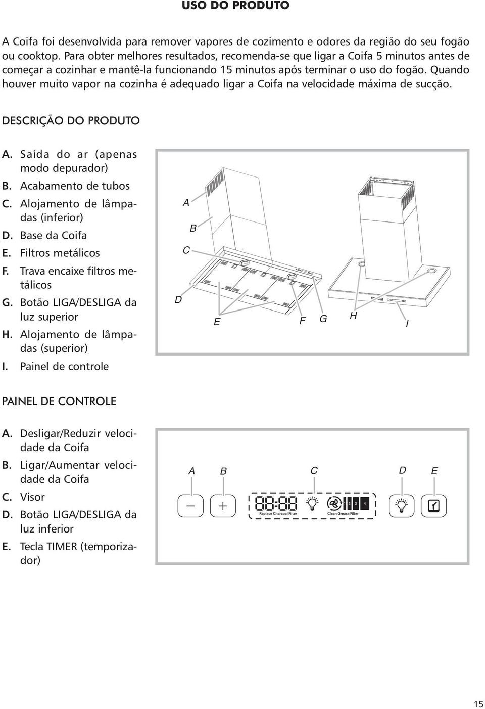 Quando houver muito vapor na cozinha é adequado ligar a Coifa na velocidade máxima de sucção. Descrição do produto A. Saída do ar (apenas modo depurador) B. Acabamento de tubos C.