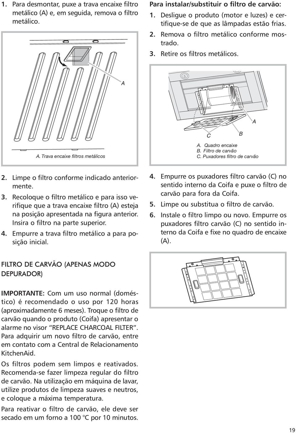 Trava encaixe filtros metálicos A. Quadro encaixe B. Filtro de carvão C. Puxadores filtro de carvão 2. Limpe o filtro conforme indicado anteriormente. 3.