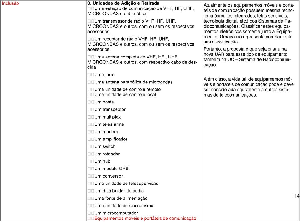 Uma antena completa de VHF, HF, UHF, MICROONDAS e outros, com respectivo cabo de descida Uma torre Uma antena parabólica de microondas Uma unidade de controle remoto Uma unidade de controle local Um