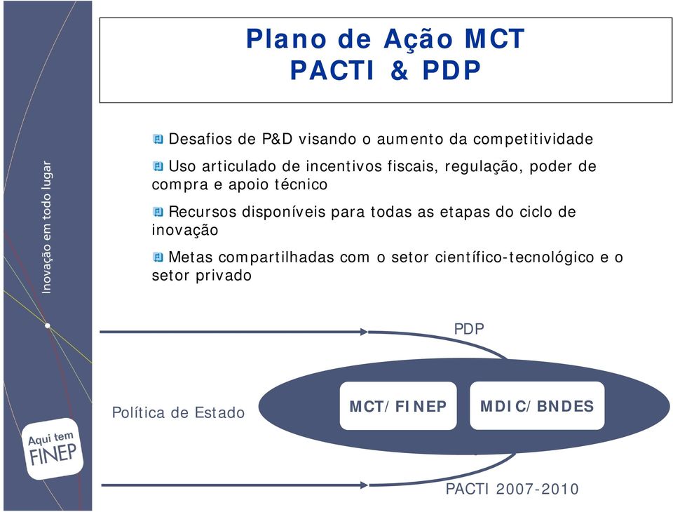 disponíveis para todas as etapas do ciclo de inovação Metas compartilhadas com o setor