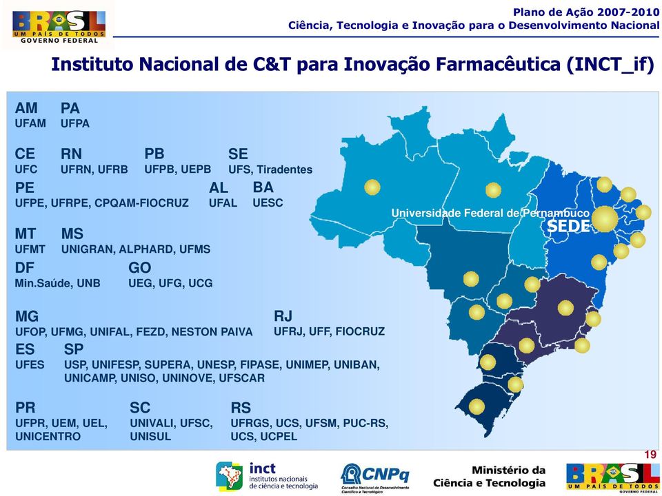 Saúde, UNB UEG, UFG, UCG AL UFAL SE UFS, Tiradentes BA UESC Universidade Federal de Pernambuco SEDE MG UFOP, UFMG, UNIFAL, FEZD, NESTON PAIVA