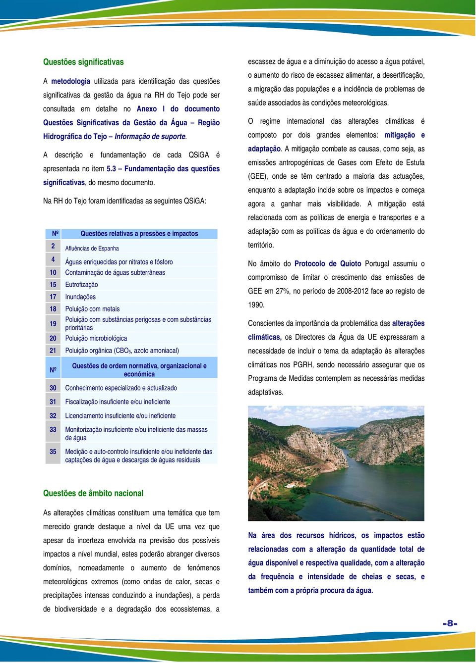 Na RH d Tej fram identificadas as seguintes QSiGA: Nº Questões relativas a pressões e impacts 2 Afluências de Espanha 4 Águas enriquecidas pr nitrats e fósfr 10 Cntaminaçã de águas subterrâneas 15