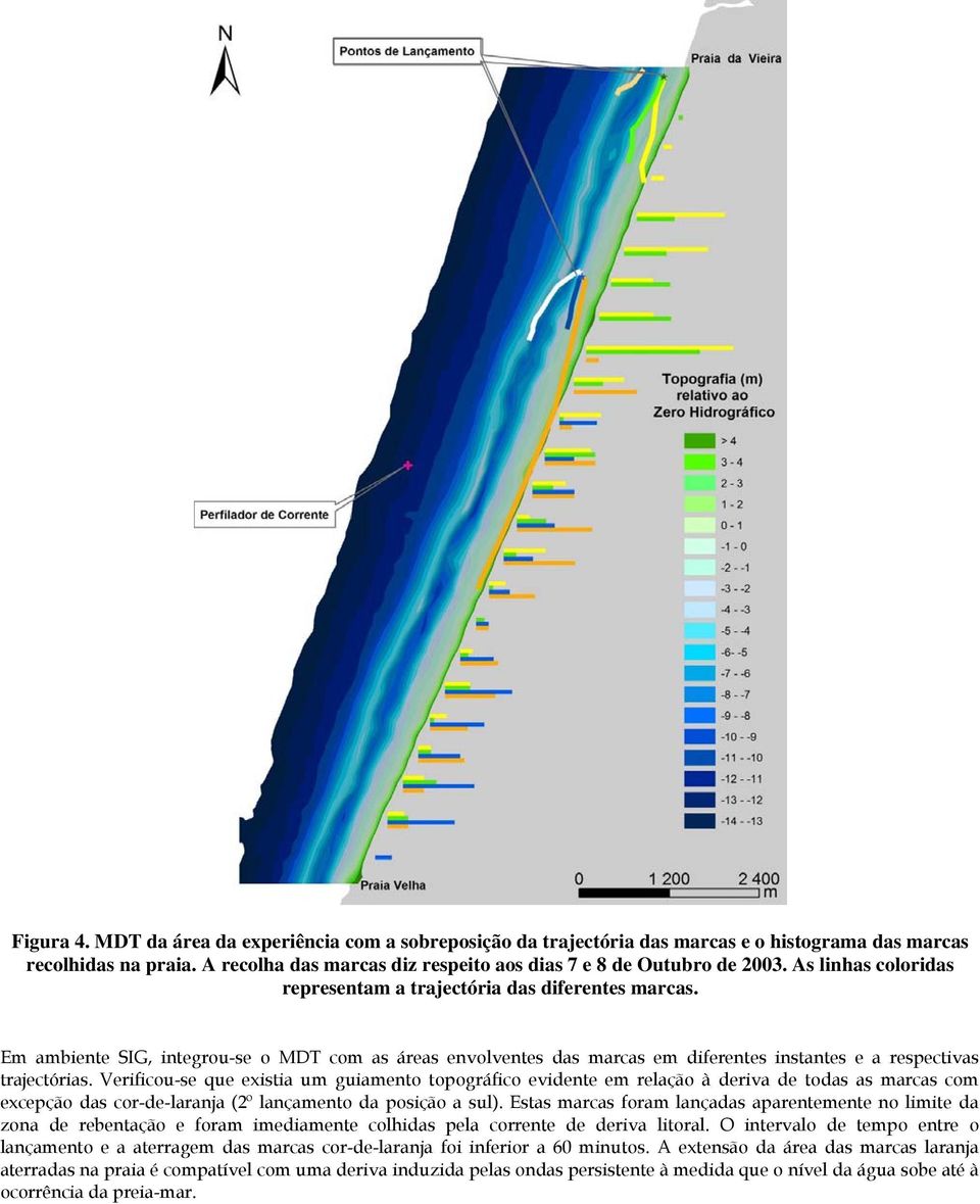 Verificou-se que existia um guiamento topográfico evidente em relação à deriva de todas as marcas com excepção das cor-de-laranja (2º lançamento da posição a sul).