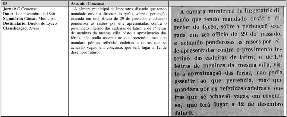 elle apresentadas contra o povimneto interino das cadeiras de latim, e de 1ª letras de meninas da mesma villa, visto a aproximação das férias, não