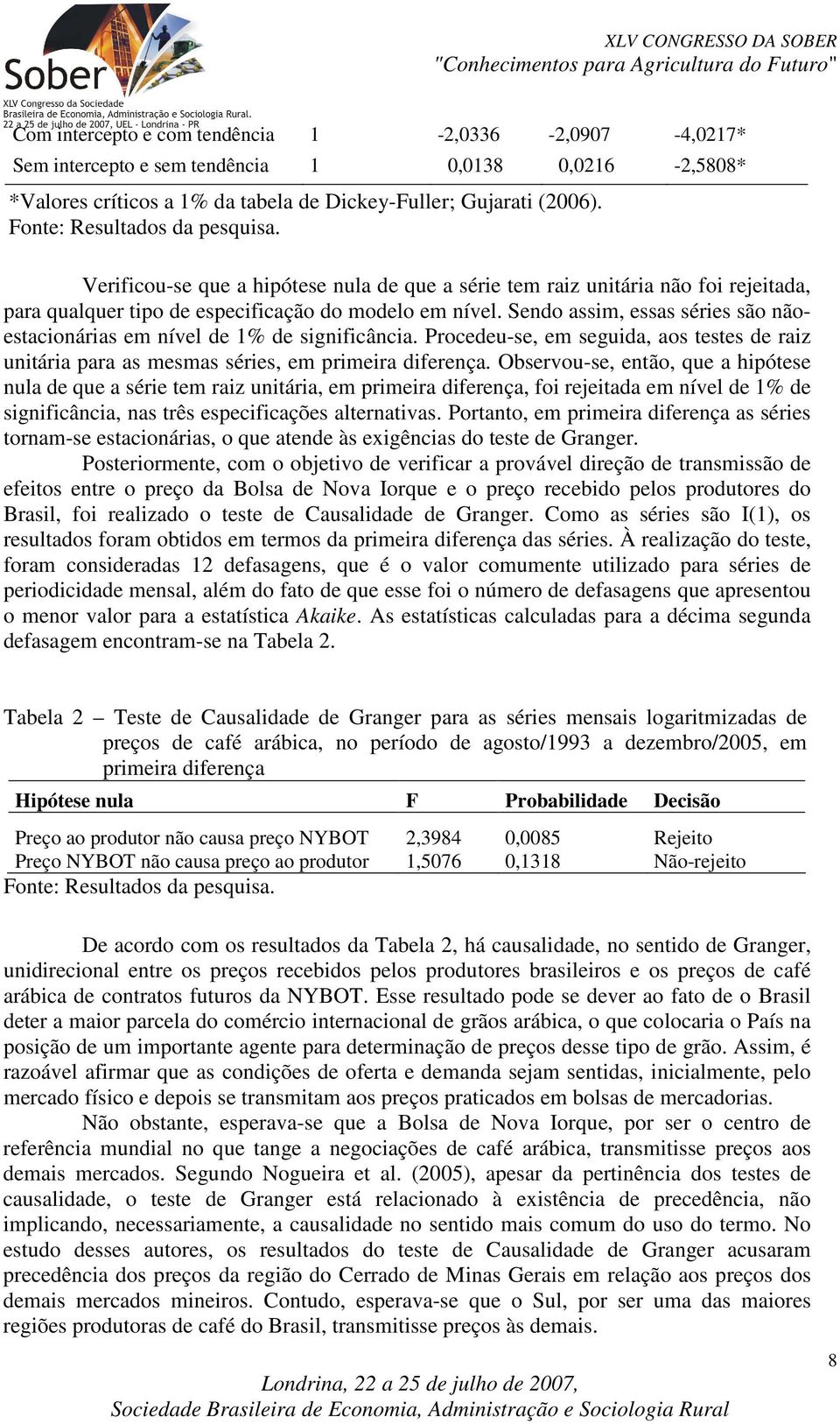 Sendo assim, essas séries são nãoesacionárias em nível de 1% de significância. Procedeu-se, em seguida, aos eses de raiz uniária para as mesmas séries, em primeira diferença.