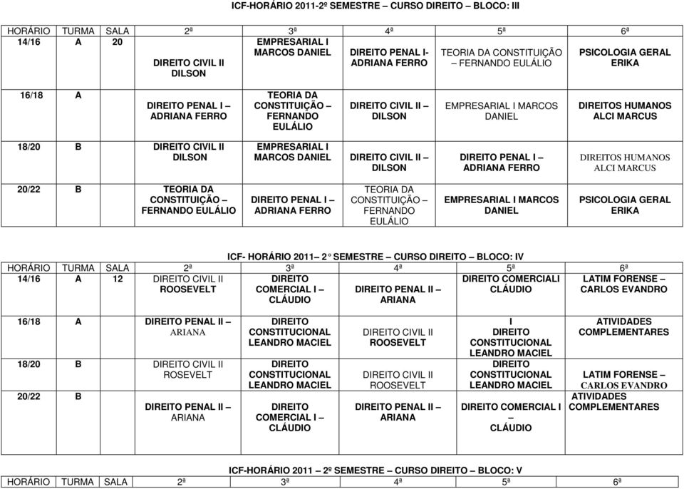 DANIEL PSICOLOGIA GERAL ERIKA ICF- HORÁRIO 2011 2 SEMESTRE CURSO BLOCO: IV 12 CIVIL II COMERCIALI COMERCIAL I PENAL II LATIM FORENSE PENAL II CIVIL II ROSEVELT