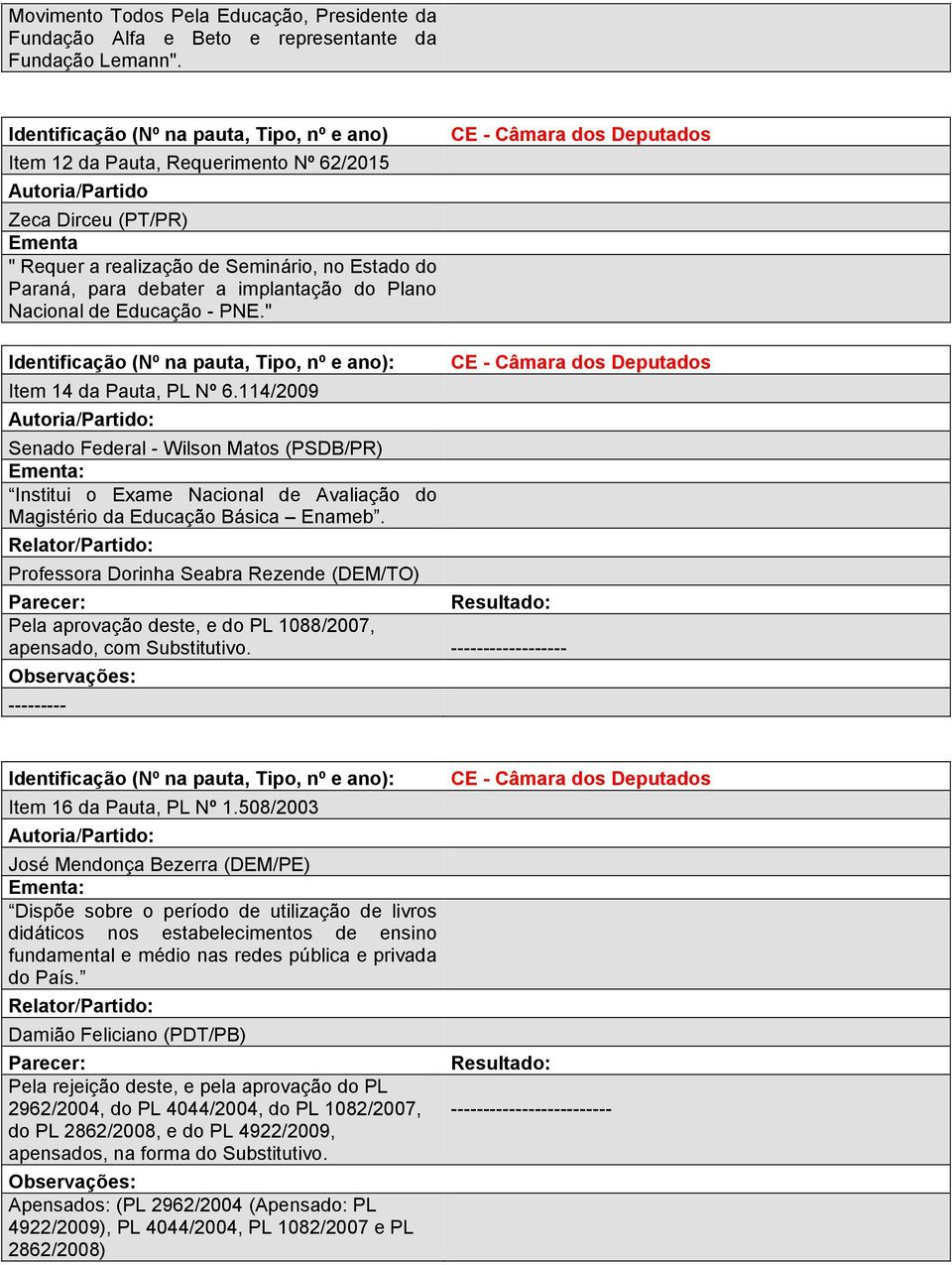 " Item 14 da Pauta, PL Nº 6.114/2009 Senado Federal - Wilson Matos (PSDB/PR) Institui o Exame Nacional de Avaliação do Magistério da Educação Básica Enameb.