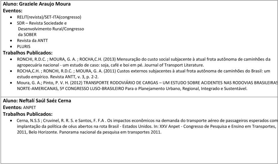 Journal of Transport Literature. ROCHA,C.H. ; RONCHI, R.D.C. ; MOURA, G. A. (2011) Custos externos subjacentes à atual frota autônoma de caminhões do Brasil: um estudo empírico. Revista ANTT, v. 3, p.