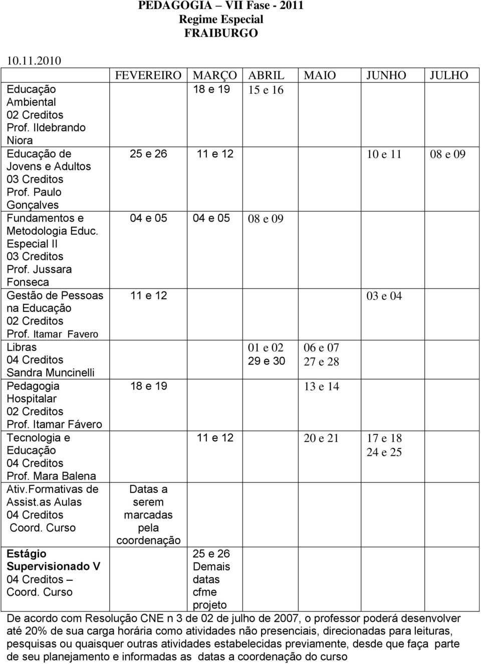 as Aulas Estágio Supervisionado V PEDAGOGIA VII Fase - 2011 FRAIBURGO 18 e 19 15 e 16 11 e 12 10 e 11 08 e 09 04 e 05 04 e 05 08 e 09 11 e 12 03 e 04 01 e 02