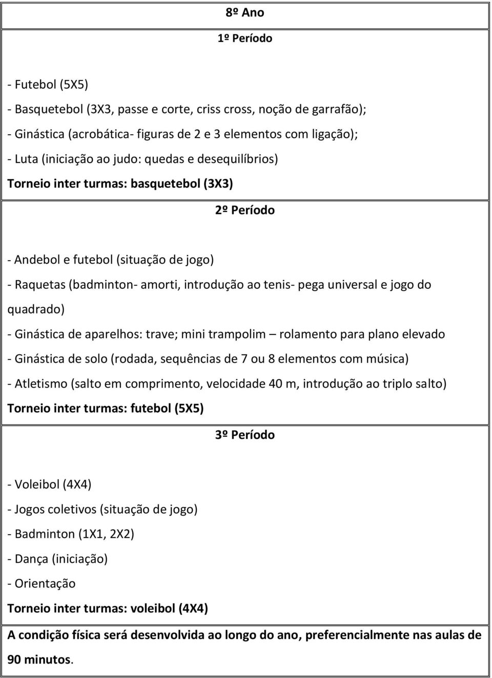 jogo do quadrado) - Ginástica de aparelhos: trave; mini trampolim rolamento para plano elevado - Ginástica de solo (rodada, sequências de 7 ou 8 elementos com