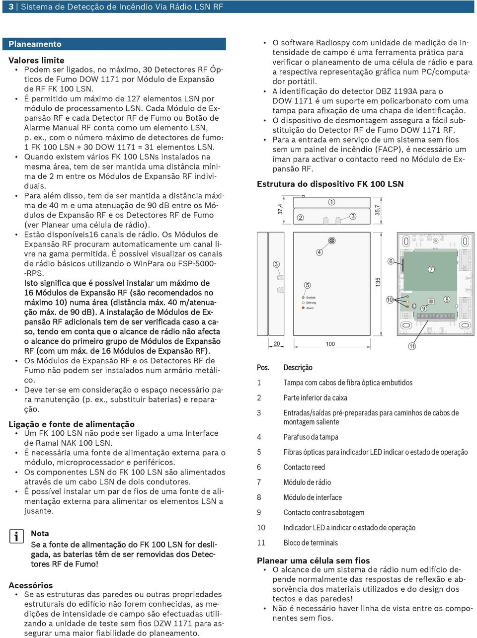 , com o número máximo de detectores de fmo: 1 FK 100 LSN + 30 DOW 1171 = 31 elementos LSN.