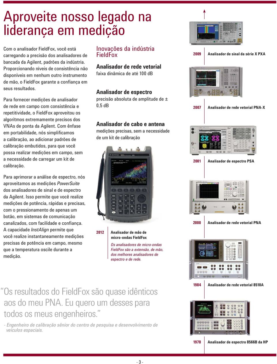 Para fornecer medições de analisador de rede em campo com consistência e repetitividade, o FieldFox aproveitou os algoritmos extremamente precisos dos VNAs de ponta da Agilent.