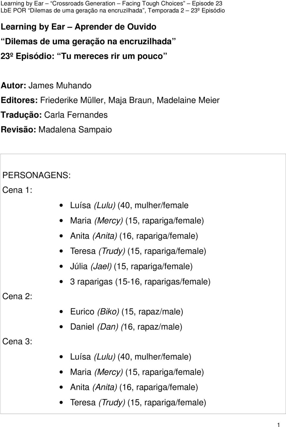(16, rapariga/female) Teresa (Trudy) (15, rapariga/female) Júlia (Jael) (15, rapariga/female) 3 raparigas (15-16, raparigas/female) Cena 2: Eurico (Biko) (15, rapaz/male)