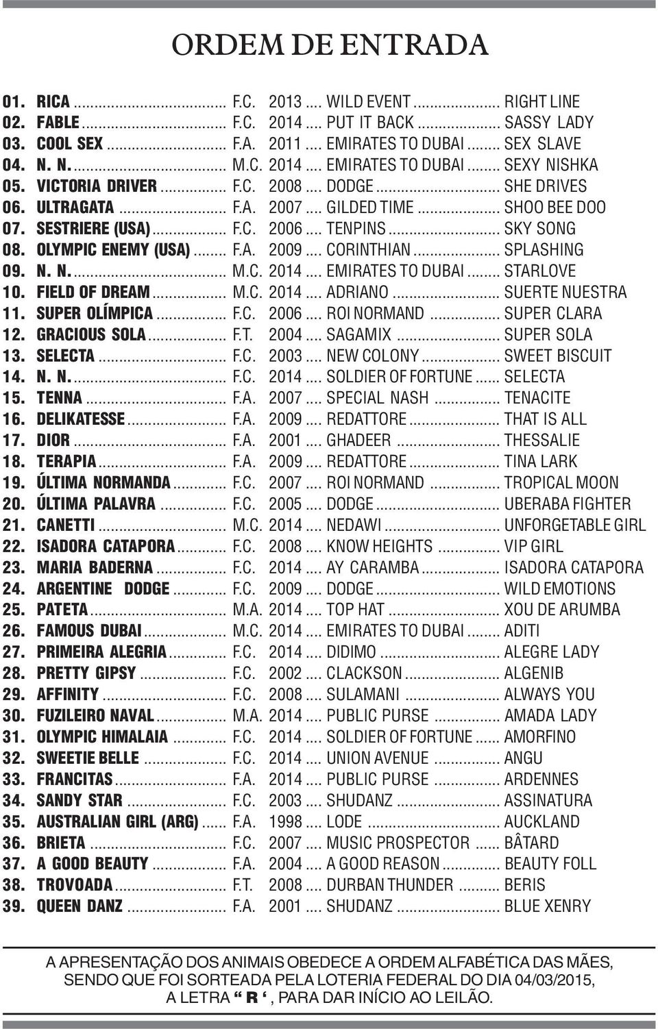 .. CORINTHIAN... SPLASHING 09. N. N... M.C. 2014... EMIRATES TO DUBAI... STARLOVE 10. FIELD OF DREAM... M.C. 2014... ADRIANO... SUERTE NUESTRA 11. SUPER OLÍMPICA... F.C. 2006... ROI NORMAND.