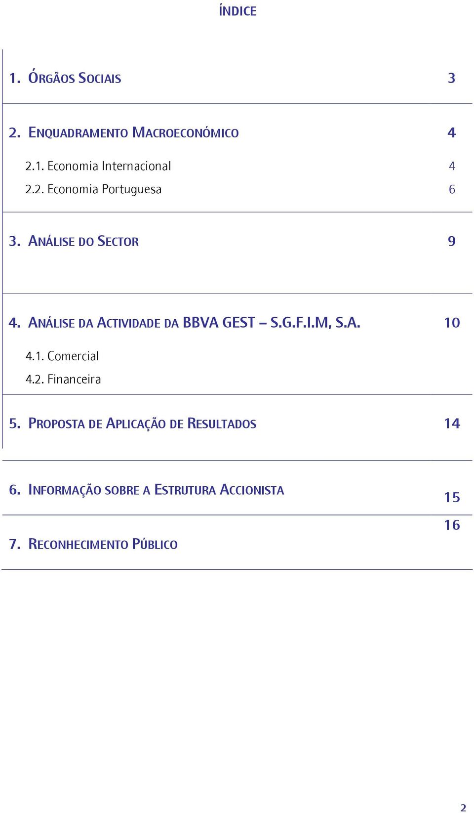 ANÁLISE DA ACTIVIDADE DA BBVA GEST S.G.F.I.M, S.A. 10 4.1. Comercial 4.2. Financeira 5.