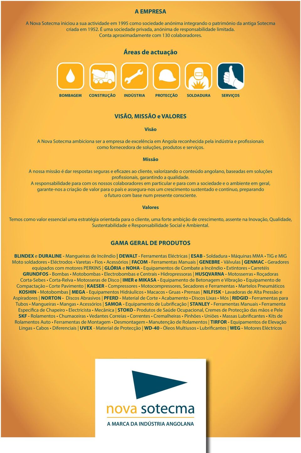 Áreas de actuação BOMBAGEM CONSTRUÇÃO INDÚSTRIA PROTECÇÃO SOLDADURA SERVIÇOS VISÃO, MISSÃO e VALORES Visão A Nova Sotecma ambiciona ser a empresa de excelência em Angola reconhecida pela indústria e