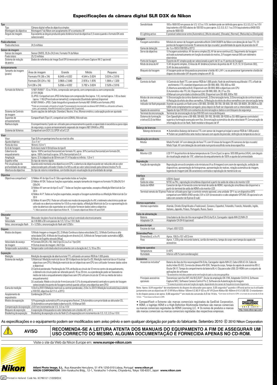 Nikon com acoplamento AF e contactos AF Equivalente ao ângulo produzido pela distância focal da objectiva (1,5 vezes quando o formato DX está seleccionado) 24,5 milhões Sensor CMOS, 35,9 x 24,0 mm;