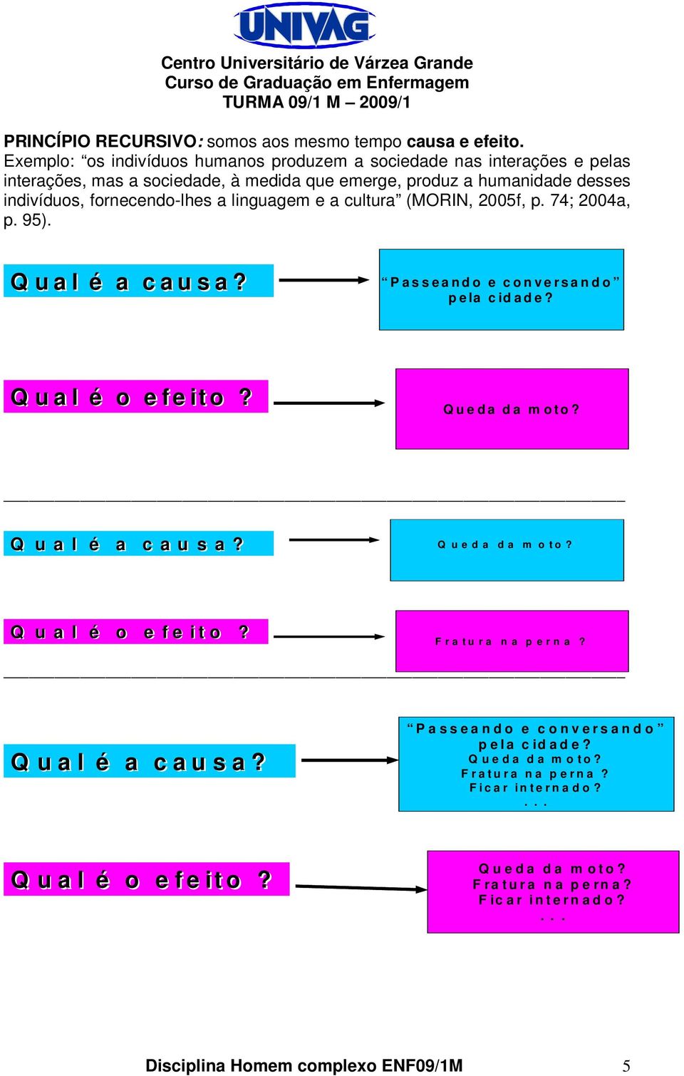 linguagem e a cultura (MORIN, 2005f, p. 74; 2004a, p. 95). Q u a l é a c a u s a? P a s s e a n d o e c o n v e r s a n d o p e la c id a d e? Q u a l é o e fee it o?