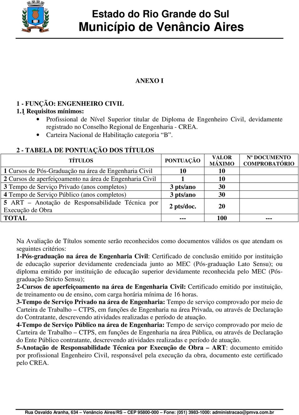 2 - TABELA DE PONTUAÇÃO DOS TÍTULOS TÍTULOS PONTUAÇÃO VALOR MÁXIMO 1 Cursos de Pós-Graduação na área de Engenharia Civil 10 10 2 Cursos de aperfeiçoamento na área de Engenharia Civil 1 10 3 Tempo de