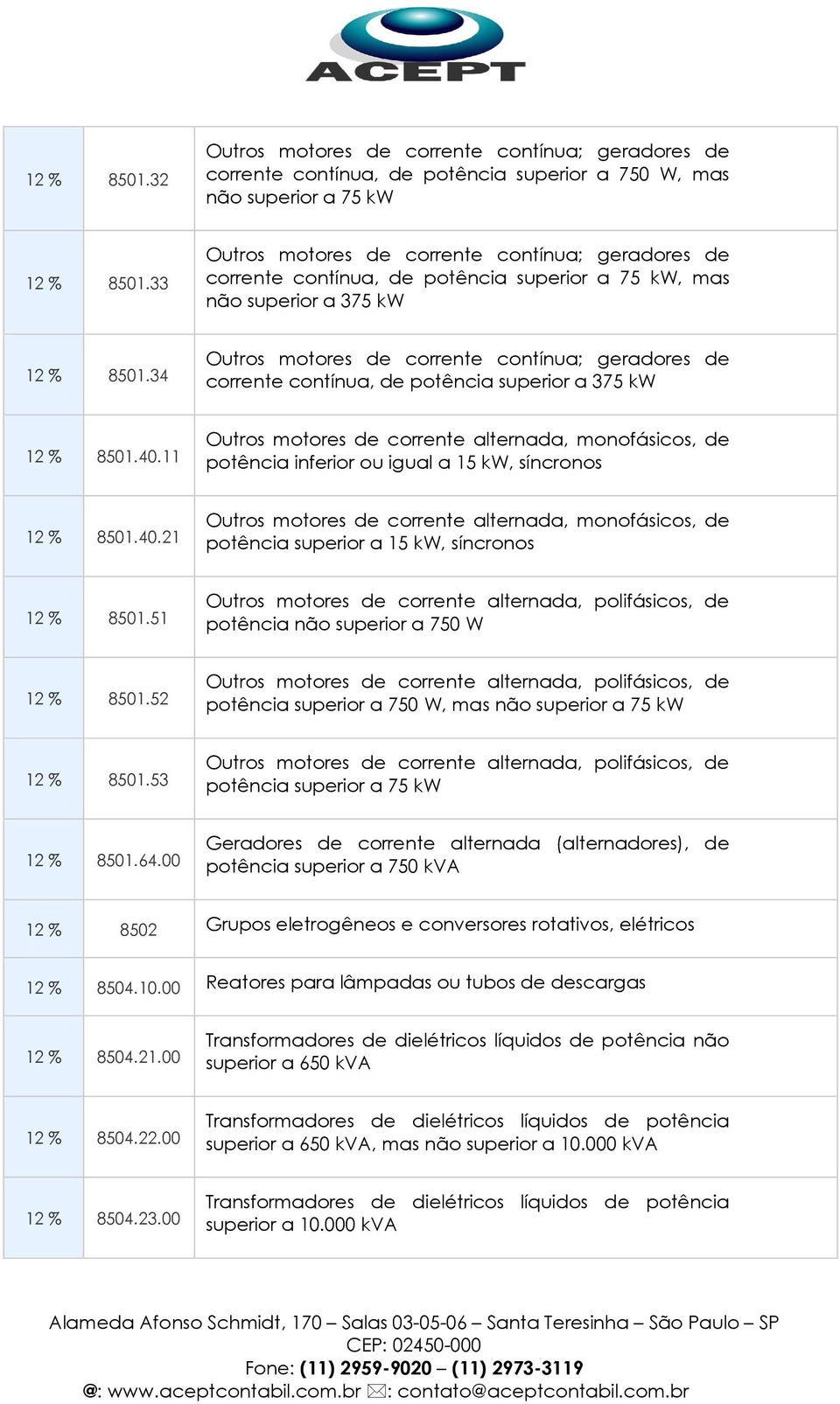 34 Outros motores de corrente contínua; geradores de corrente contínua, de potência superior a 375 kw 12 % 8501.40.