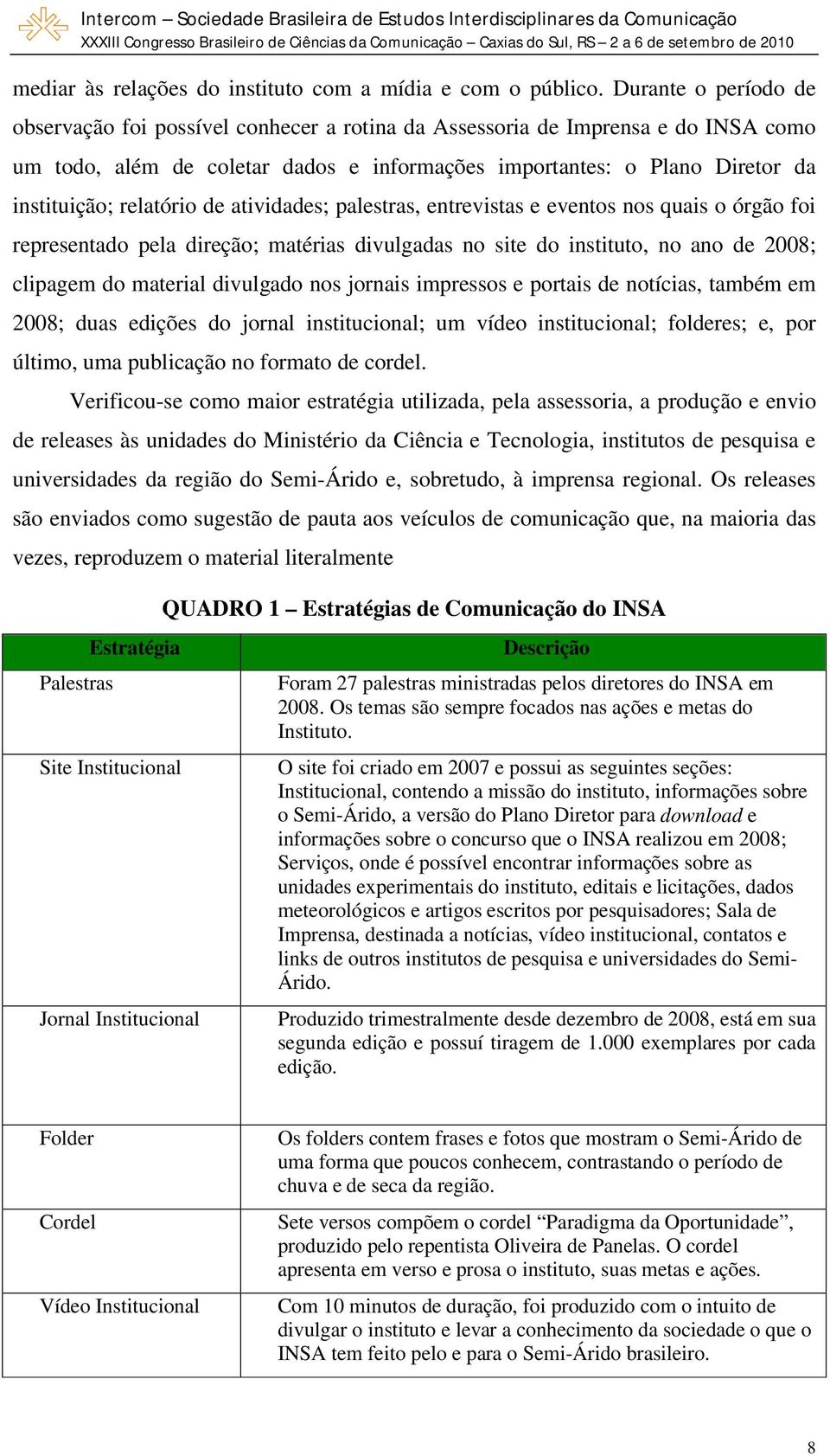 relatório de atividades; palestras, entrevistas e eventos nos quais o órgão foi representado pela direção; matérias divulgadas no site do instituto, no ano de 2008; clipagem do material divulgado nos