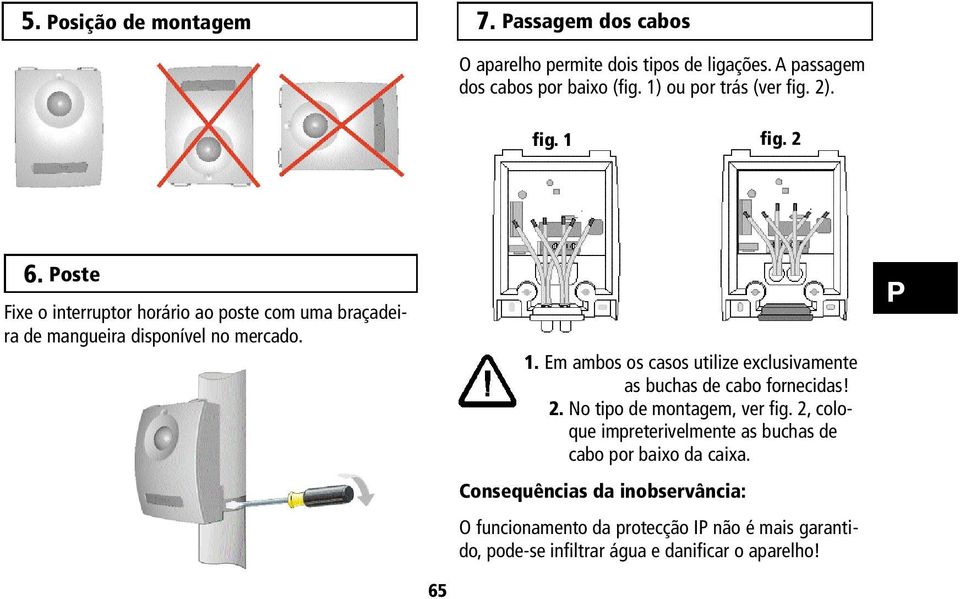 2. No tipo de montagem, ver fig. 2, coloque impreterivelmente as buchas de cabo por baixo da caixa.