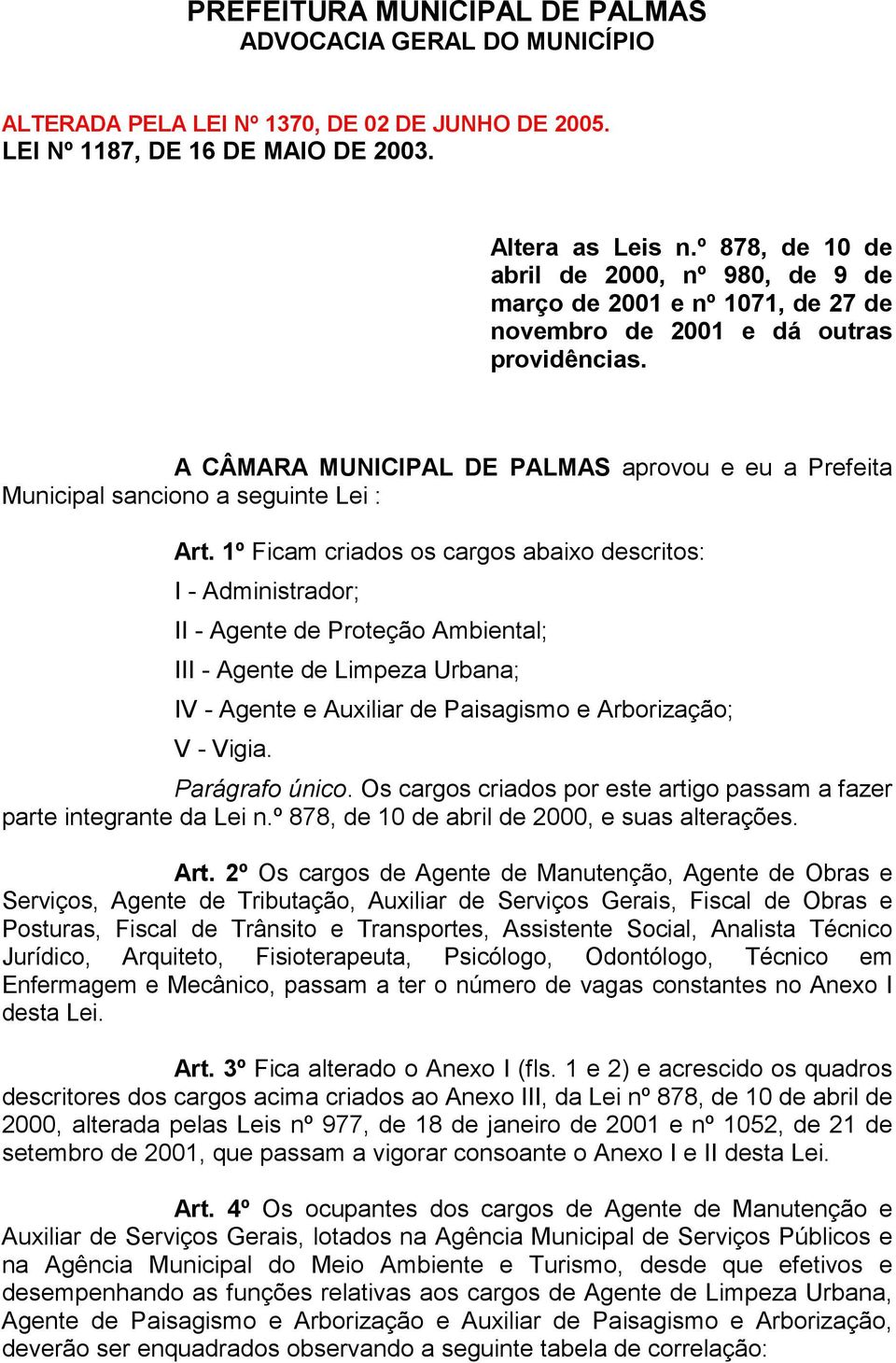 A CÂMARA MUNICIPAL DE PALMAS aprovou e eu a Prefeita Municipal sanciono a seguinte Lei : Art.