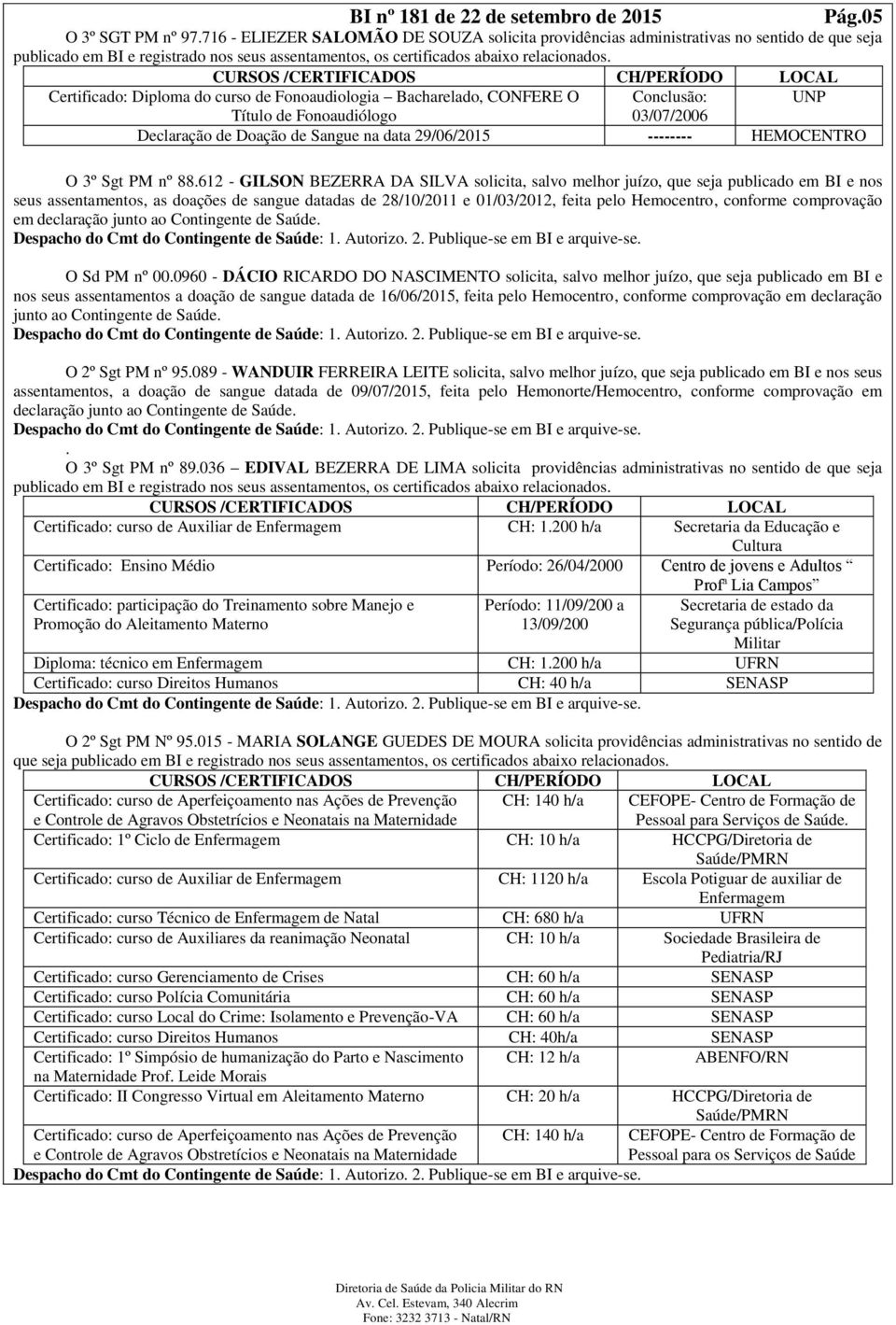 Certificado: Diploma do curso de Fonoaudiologia Bacharelado, CONFERE O Conclusão: UNP Título de Fonoaudiólogo 03/07/2006 Declaração de Doação de Sangue na data 29/06/2015 -------- HEMOCENTRO O 3º Sgt