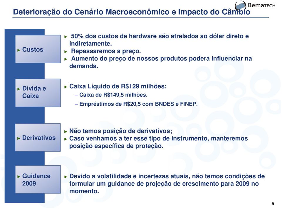 Empréstimos de R$20,5 com BNDES e FINEP.