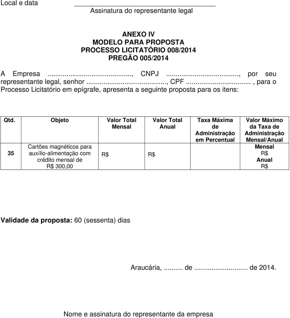 Objeto Valor Total Mensal 35 Cartões magnéticos para auxílio-alimentação com crédito mensal de R$ 300,00 R$ R$ Valor Total Anual Taxa Máxima de Administração em