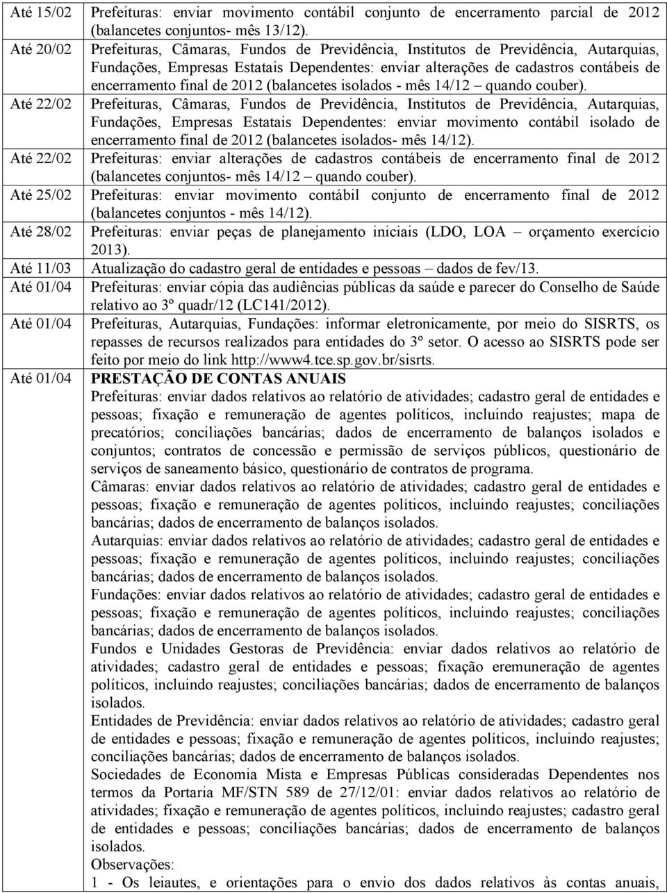 Até 22/02 Fundações, Empresas Estatais Dependentes: enviar movimento contábil isolado de encerramento final de 2012 (balancetes isolados- mês 14/12).