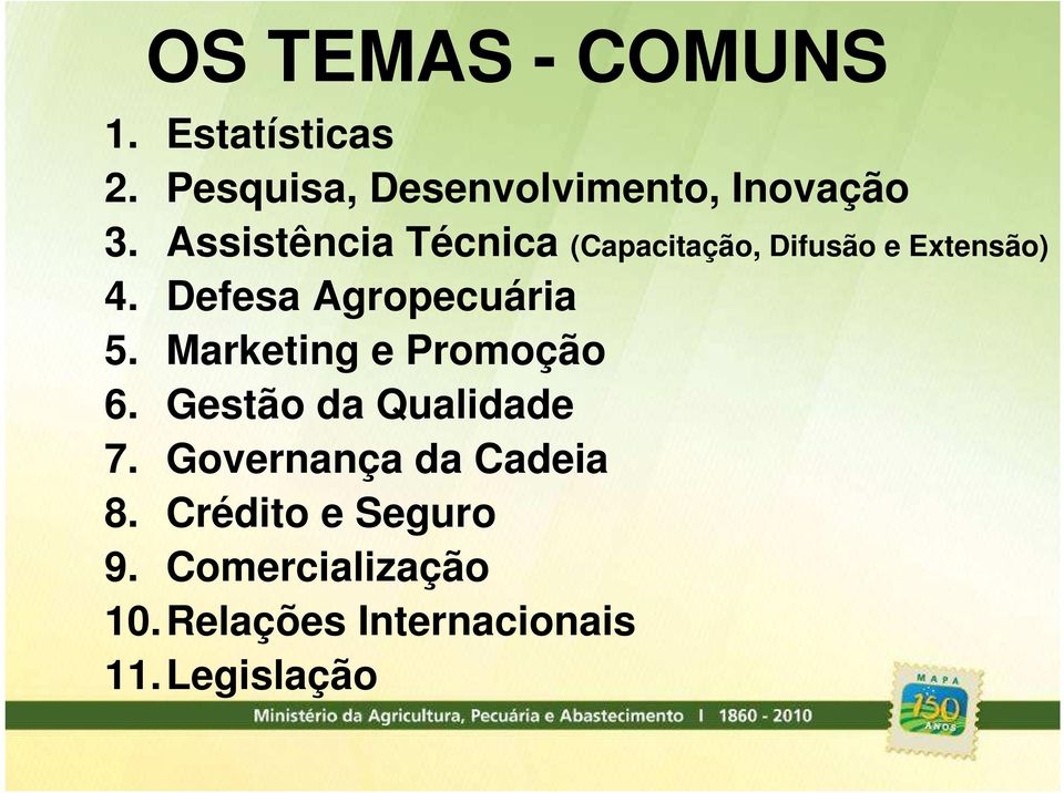 Defesa Agropecuária 5. Marketing e Promoção 6. Gestão da Qualidade 7.