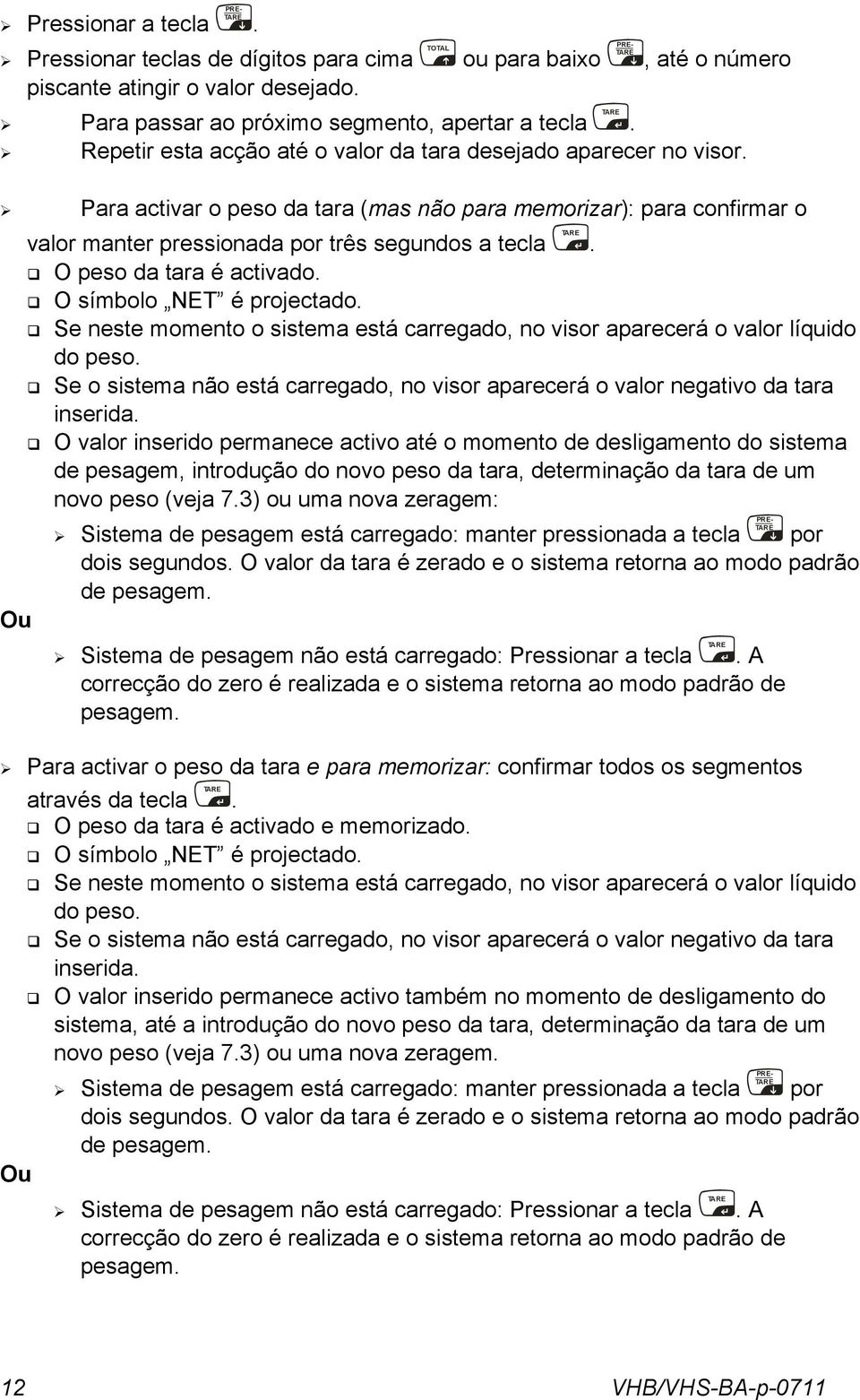 da tara é activado O símbolo NET é projectado Se neste momento o sistema está carregado, no visor aparecerá o valor líquido do peso Se o sistema não está carregado, no visor aparecerá o valor