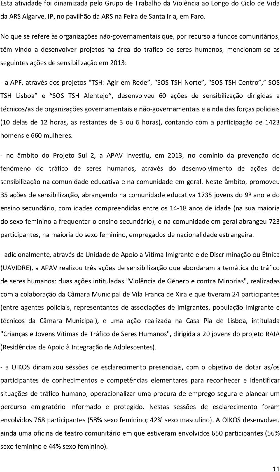 sensibilização em 2013: a APF, através dos projetos TSH: Agir em Rede, SOS TSH Norte, SOS TSH Centro, SOS TSH Lisboa e SOS TSH Alentejo, desenvolveu 60 ações de sensibilização dirigidas a técnicos/as