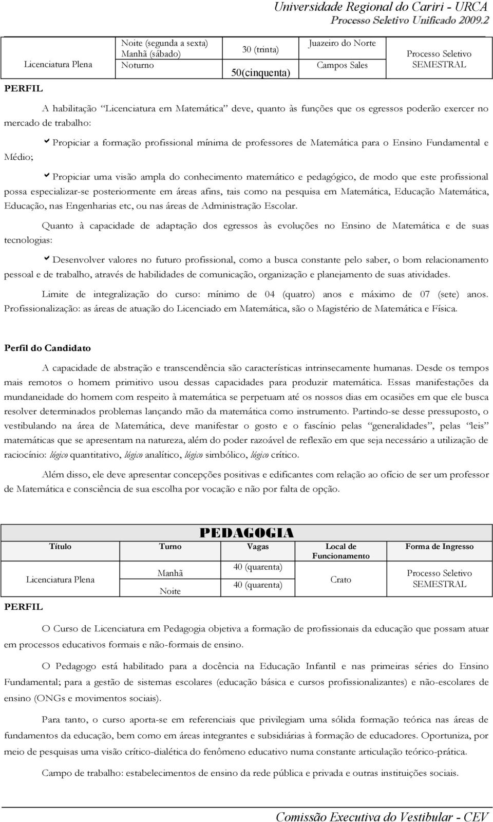 mercado de trabalho: Médio; Propiciar a formação profissional mínima de professores de Matemática para o Ensino Fundamental e Propiciar uma visão ampla do conhecimento matemático e pedagógico, de