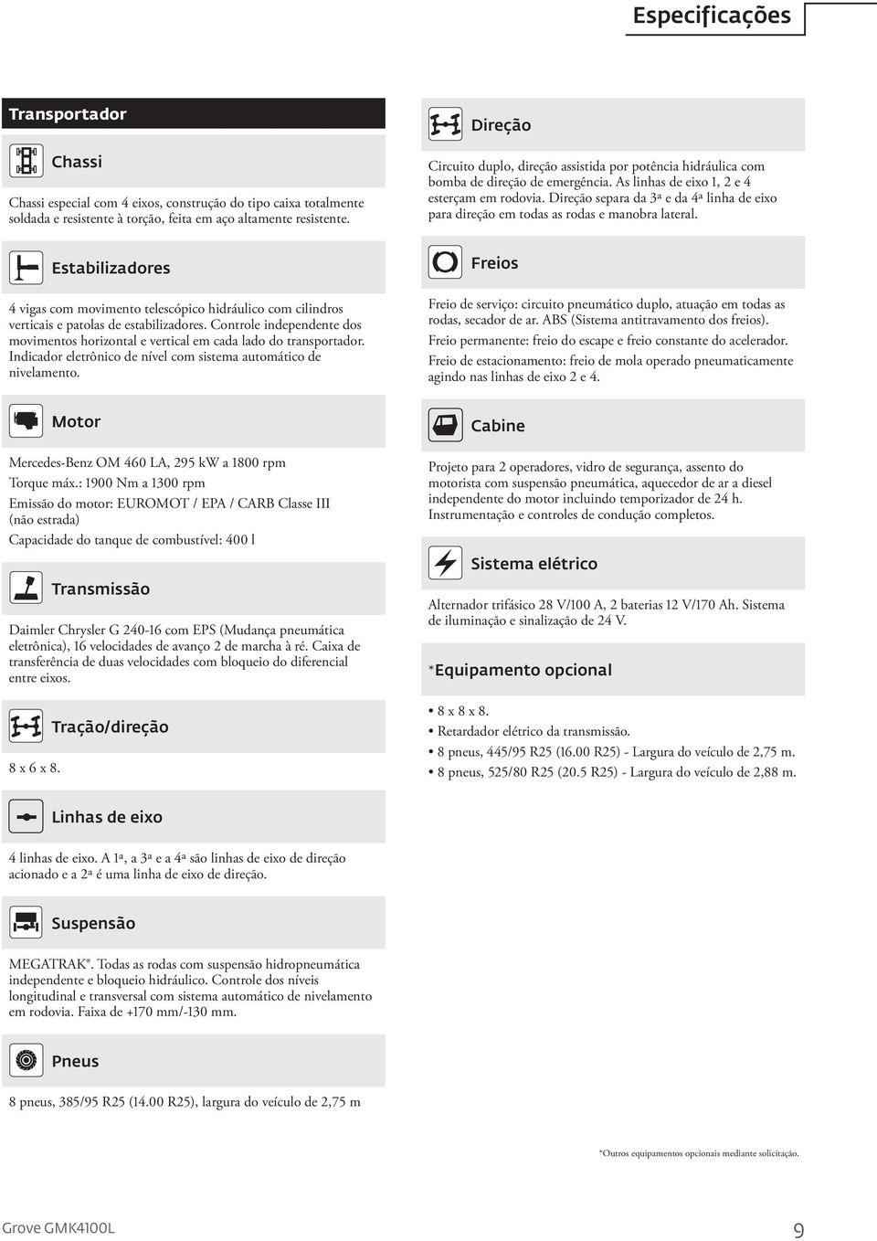 Direção separa da 3ª e da 4ª linha de eixo para direção em todas as rodas e manobra lateral.