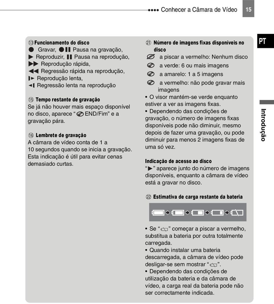 Lembrete de gravação A câmara de vídeo conta de 1 a 10 segundos quando se inicia a gravação. Esta indicação é útil para evitar cenas demasiado curtas.