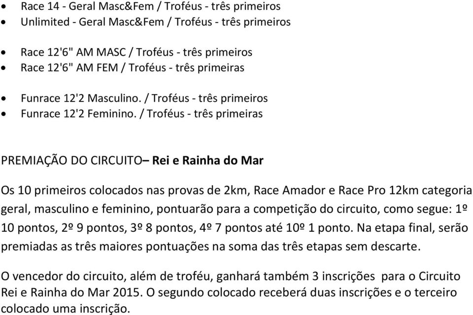 / Troféus - três primeiras PREMIAÇÃO DO CIRCUITO Rei e Rainha do Mar Os 10 primeiros colocados nas provas de 2km, Race Amador e Race Pro 12km categoria geral, masculino e feminino, pontuarão para a