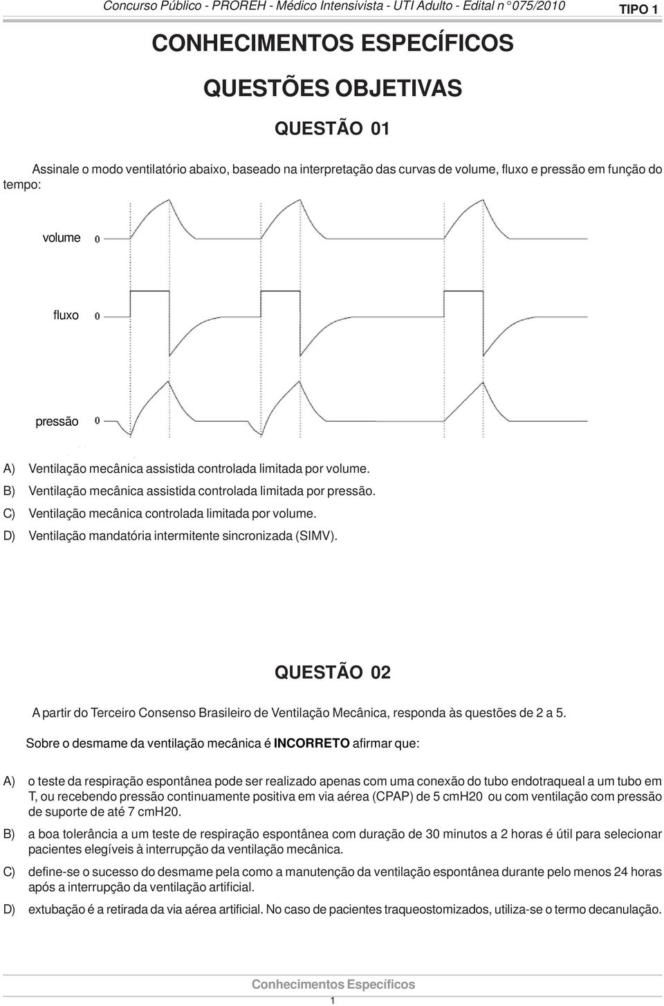 B) Ventilação mecânica assistida controlada limitada por pressão. C) Ventilação mecânica controlada limitada por volume. D) Ventilação mandatória intermitente sincronizada (SIMV).