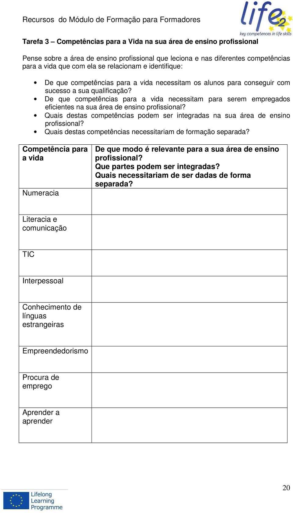 De que competências para a vida necessitam para serem empregados eficientes na sua área de ensino profissional? Quais destas competências podem ser integradas na sua área de ensino profissional?