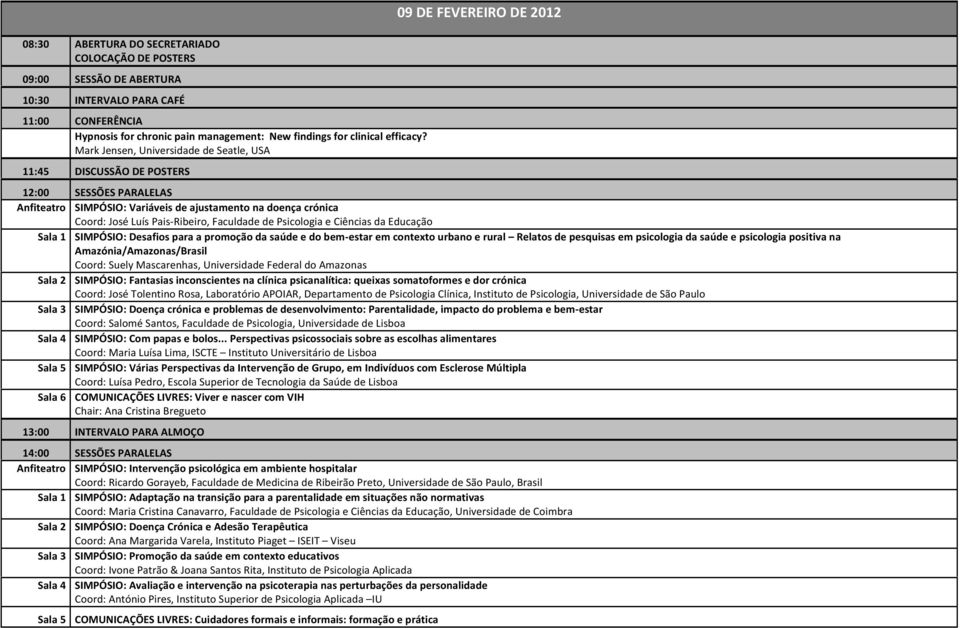 Mark Jensen, Universidade de Seatle, USA 11:45 DISCUSSÃO DE POSTERS 12:00 SESSÕES PARALELAS Anfiteatro SIMPÓSIO: Variáveis de ajustamento na doença crónica Coord: José Luís Pais- Ribeiro, Faculdade