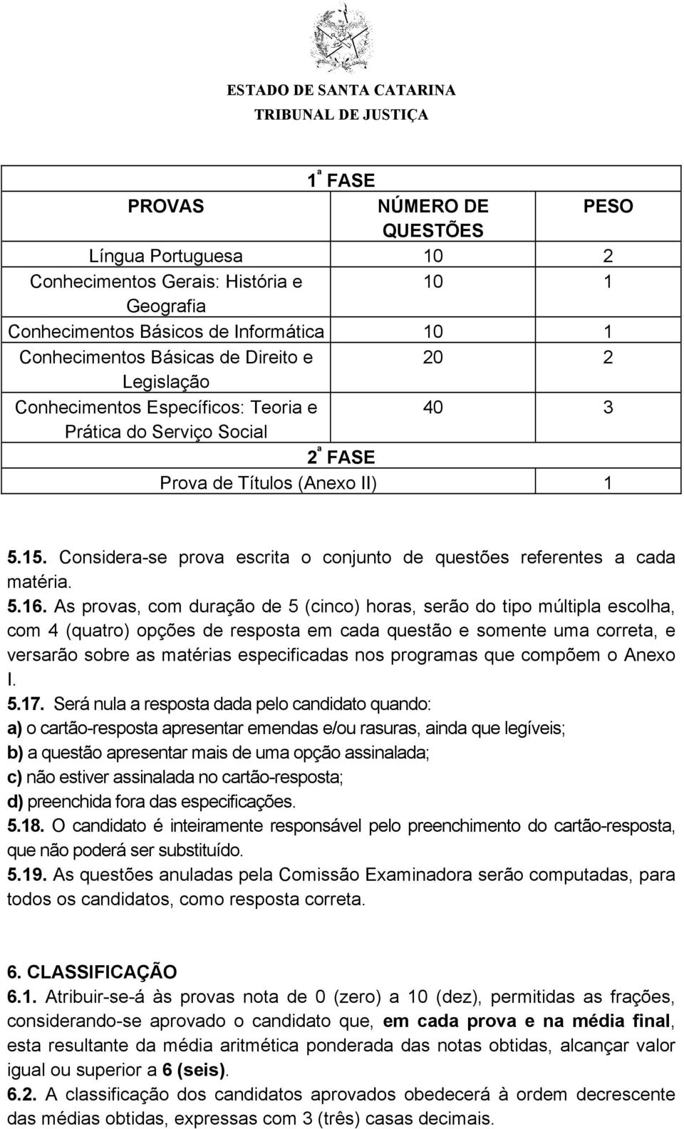 5.16. As provas, com duração de 5 (cinco) horas, serão do tipo múltipla escolha, com 4 (quatro) opções de resposta em cada questão e somente uma correta, e versarão sobre as matérias especificadas