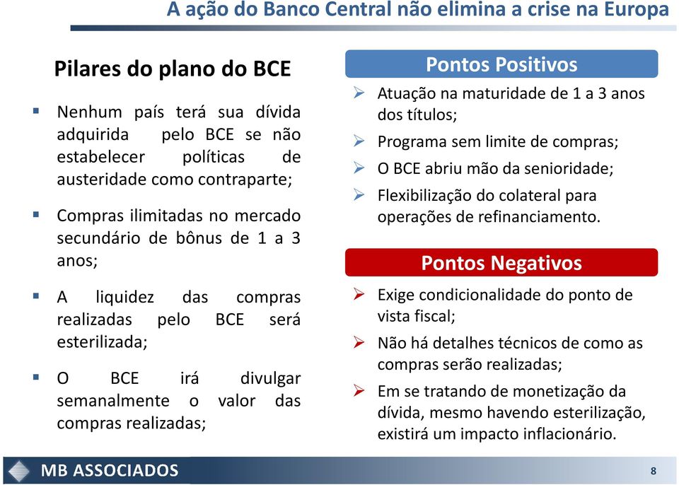 Atuação na maturidade de 1 a 3 anos dos títulos; Programa sem limite de compras; O BCE abriu mão da senioridade; Flexibilização do colateral para operações de refinanciamento.