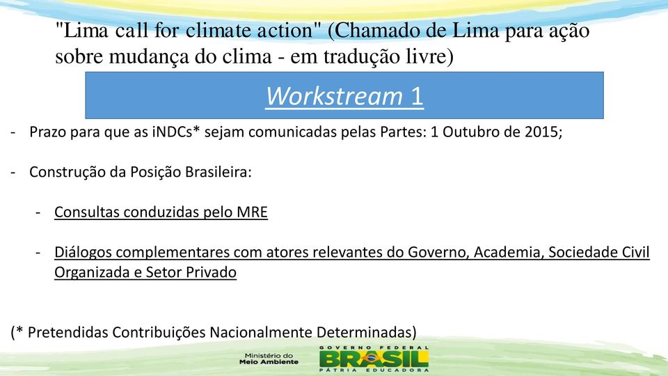 Posição Brasileira: - Consultas conduzidas pelo MRE - Diálogos complementares com atores relevantes do