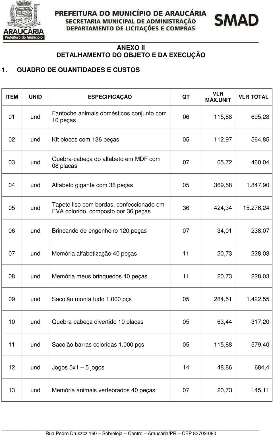 65,72 460,04 04 und Alfabeto gigante com 36 peças 05 369,58 1.847,90 05 und Tapete liso com bordas, confeccionado em EVA colorido, composto por 36 peças 36 424,34 15.