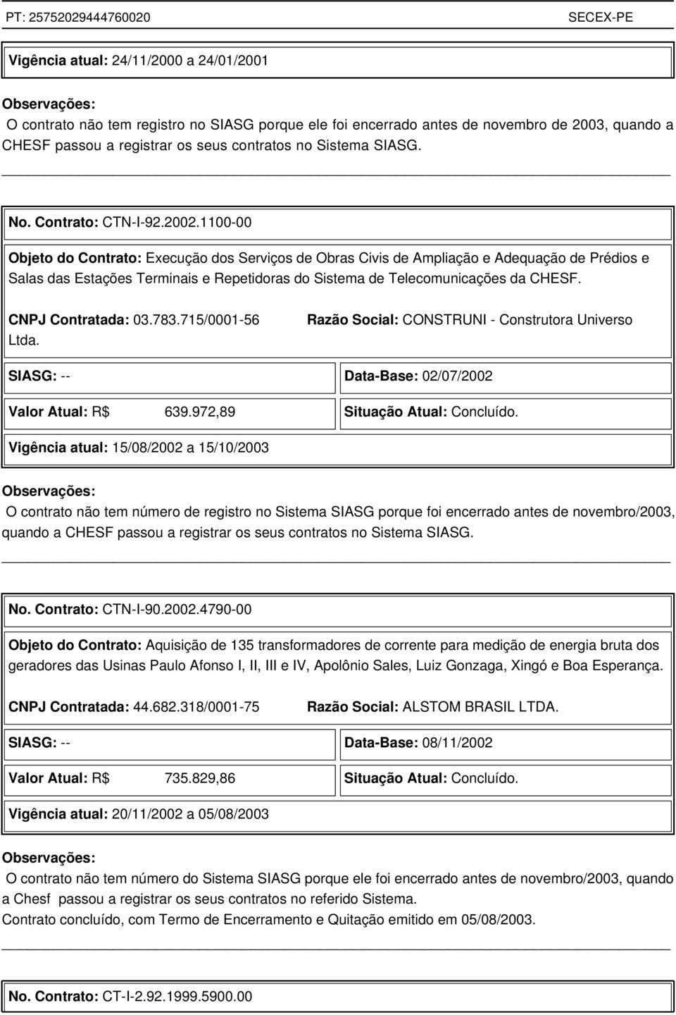 1100-00 Objeto do Contrato: Execução dos Serviços de Obras Civis de Ampliação e Adequação de Prédios e Salas das Estações Terminais e Repetidoras do Sistema de Telecomunicações da CHESF.